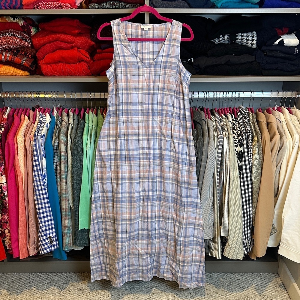 J. Jill 100% linen lavender plaid v neck sleeveless 2 pocket midi dress size S